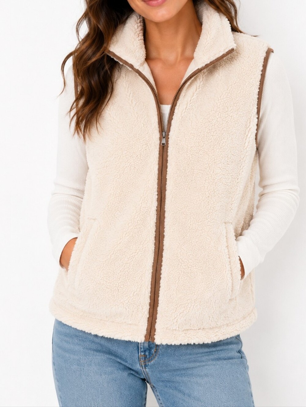 Chaps Cream Sherpa Zip Vest with Brown Trim - Women